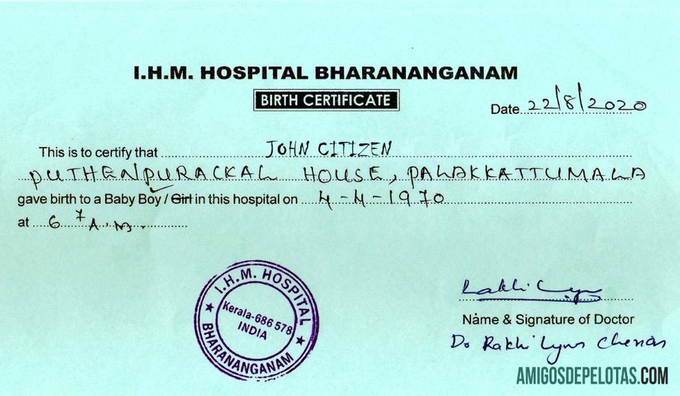 Índia I.H.M. Certidão de Nascimento do Hospital Bharananganam amostra